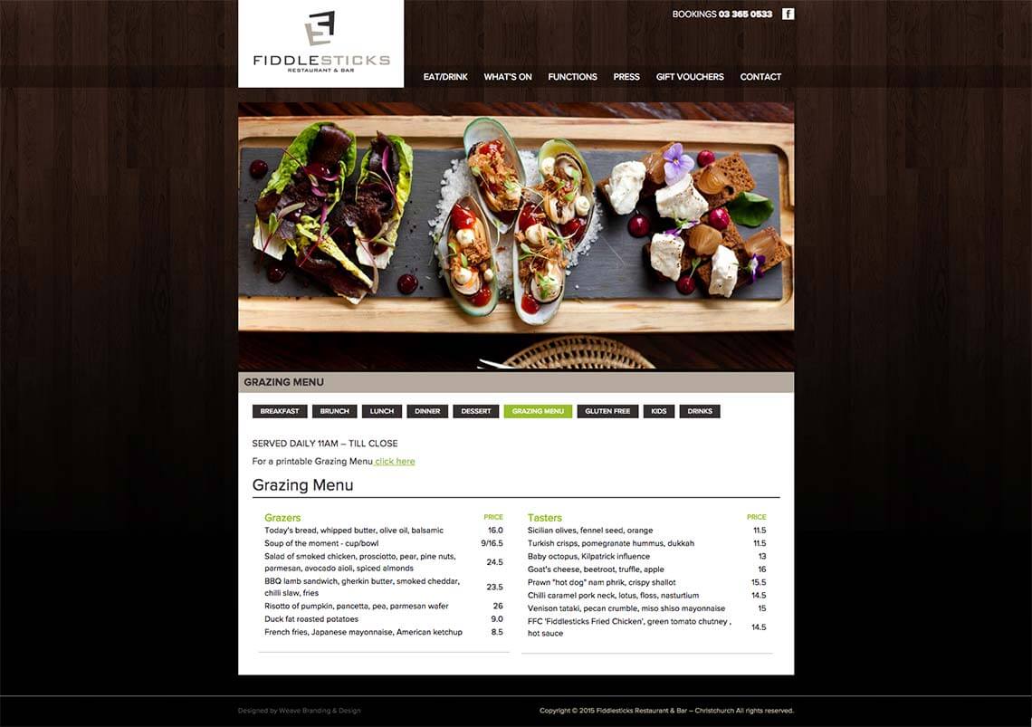Fiddlesticks Restaurant & Bar website restaurant menu
